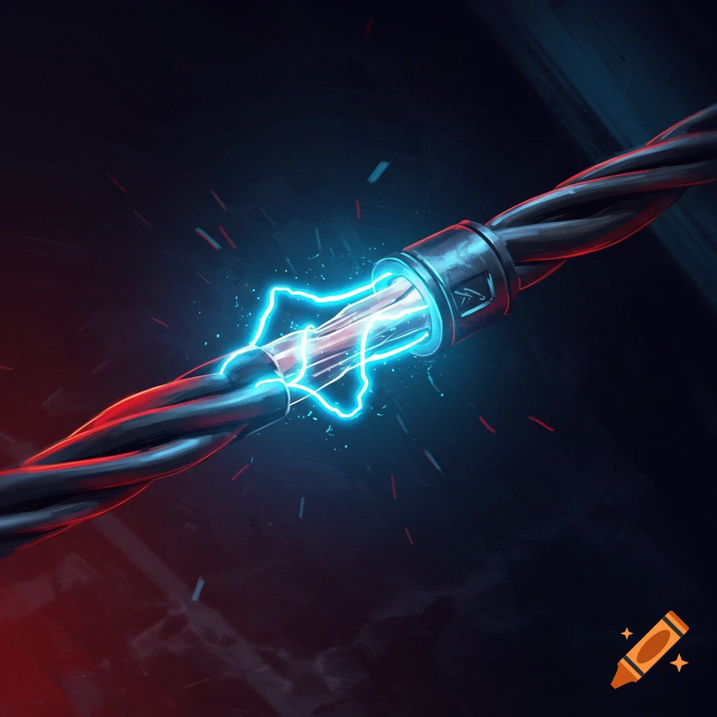 Two dark electric cables connect with bright blue sparks.