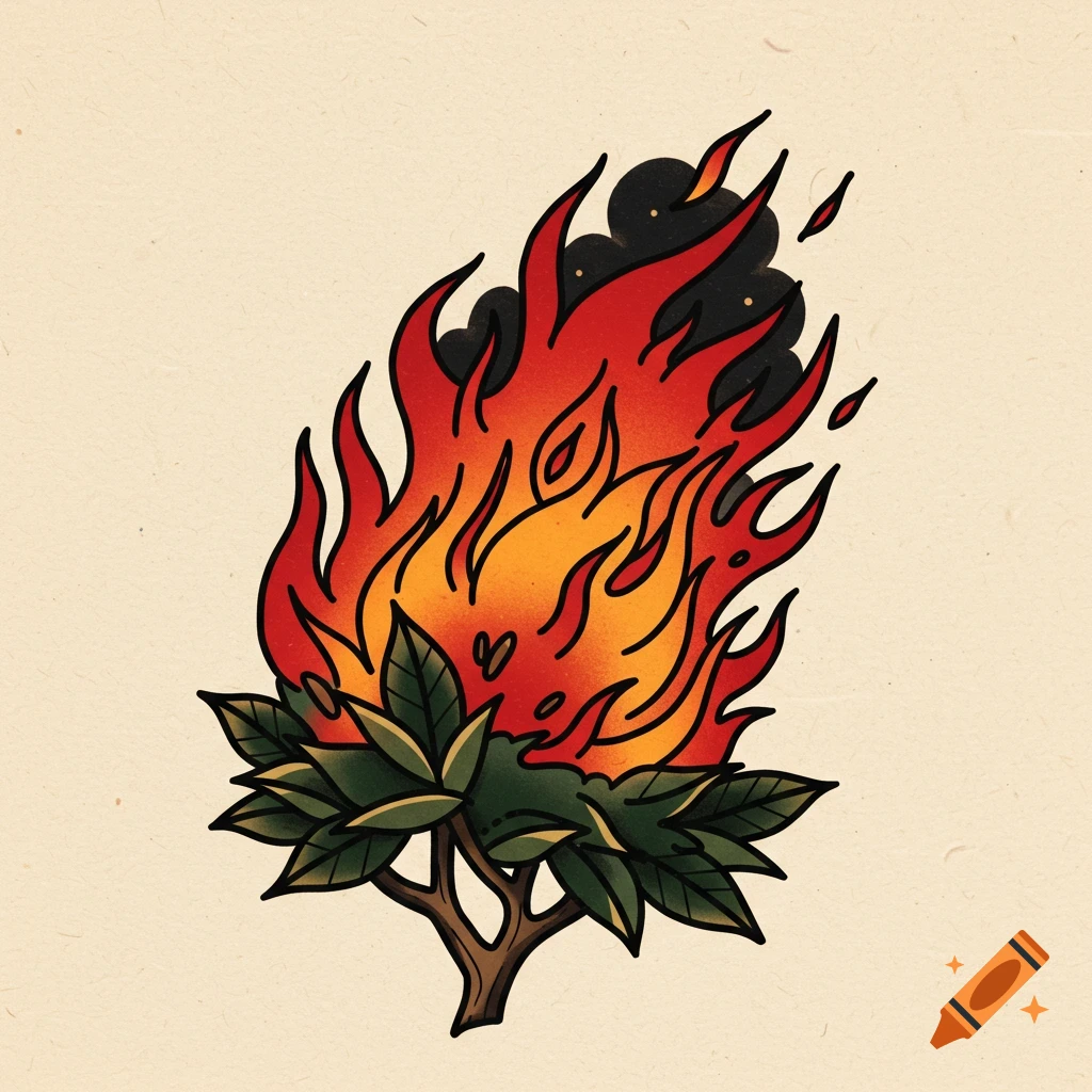 American traditional tattoo illustration of a burning bush.
