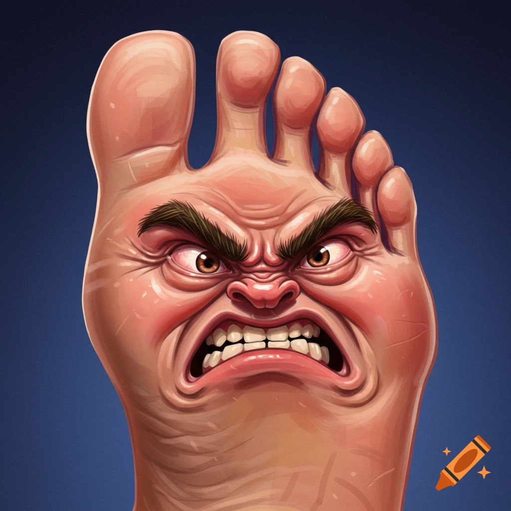Illustration of an angry human foot with a face on top against a blue background.