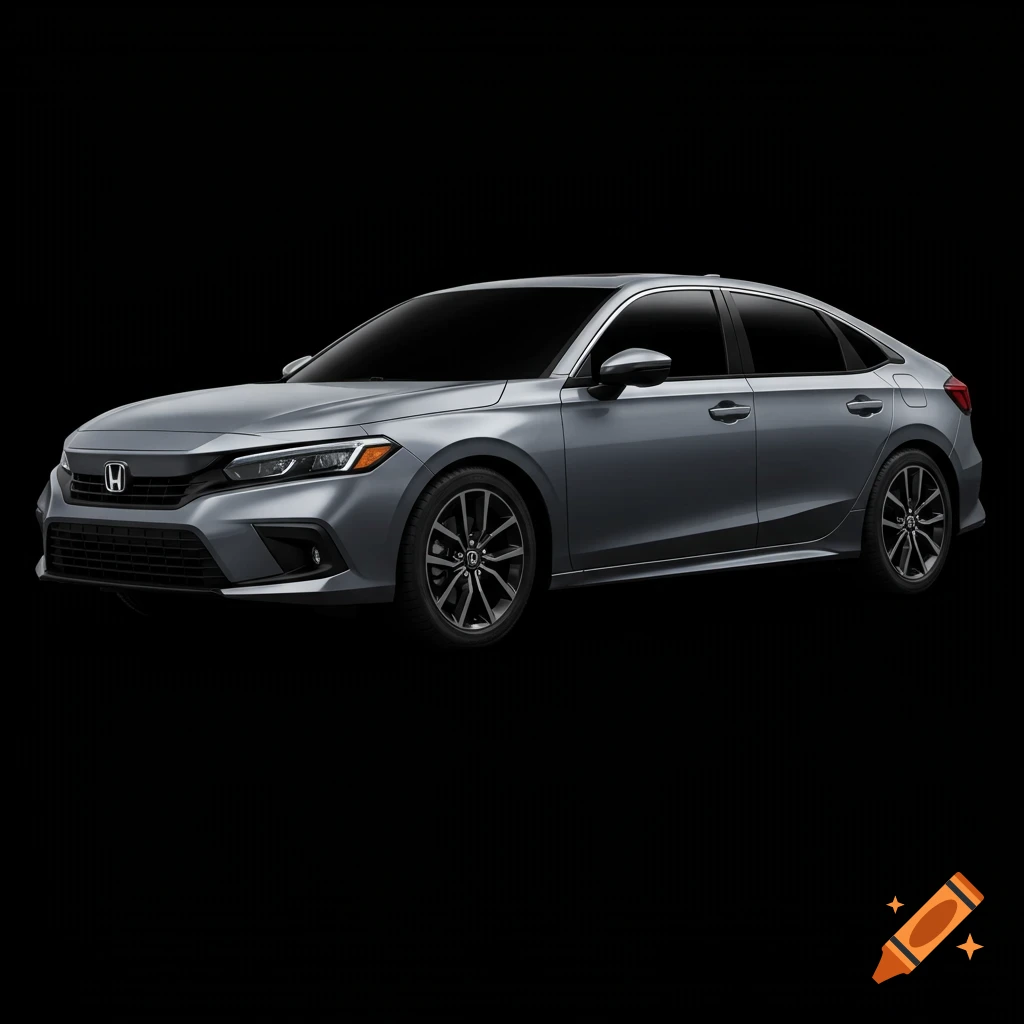 A grey Honda Civic sedan on a black background.