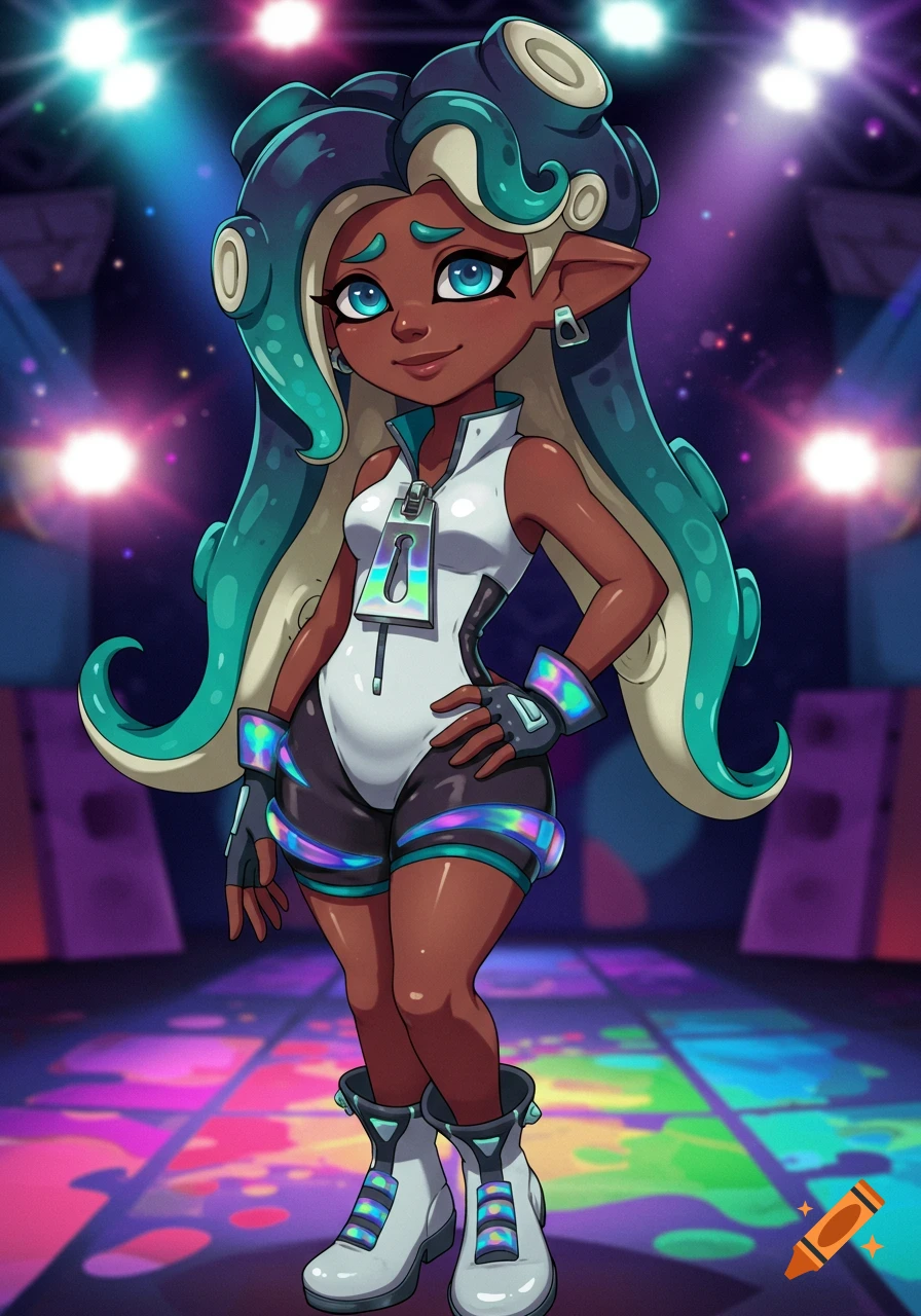 Anime character Marina from Splatoon standing on a colorful stage with spotlights.