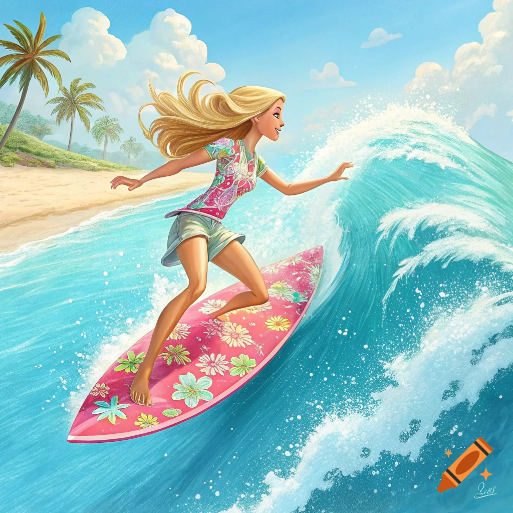 Barbie surfing a wave near a tropical beach