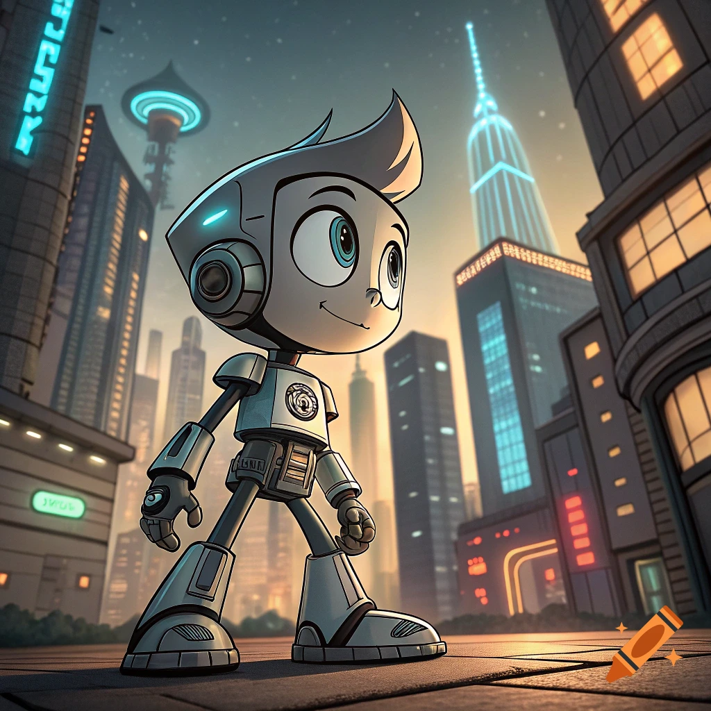 Cartoon robot standing on a city street with futuristic buildings.