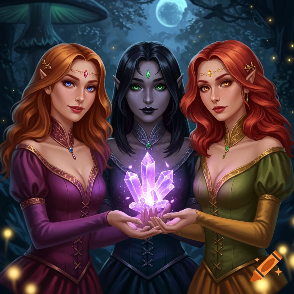 Three fantasy women hold a glowing crystal in a dark forest at night.