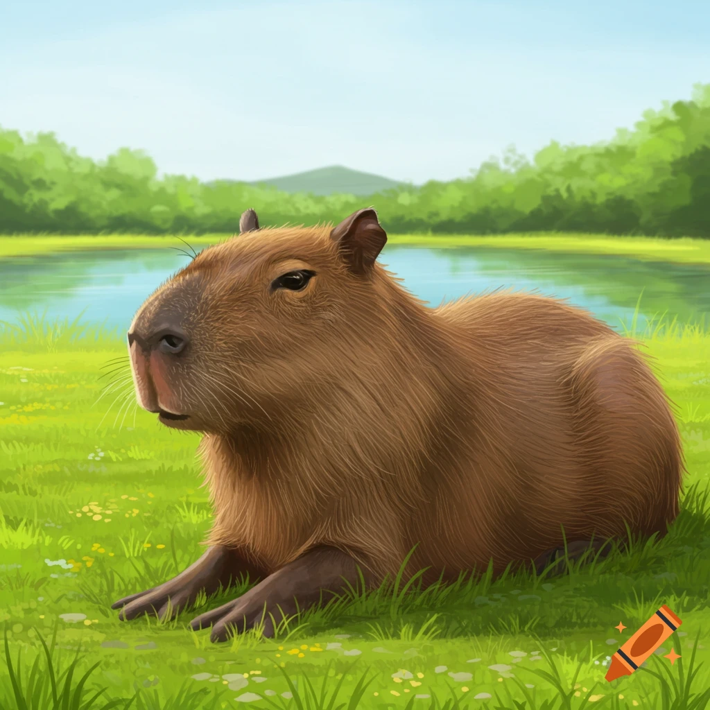 A capybara rests in a grassy field next to a lake. Illustrative style.