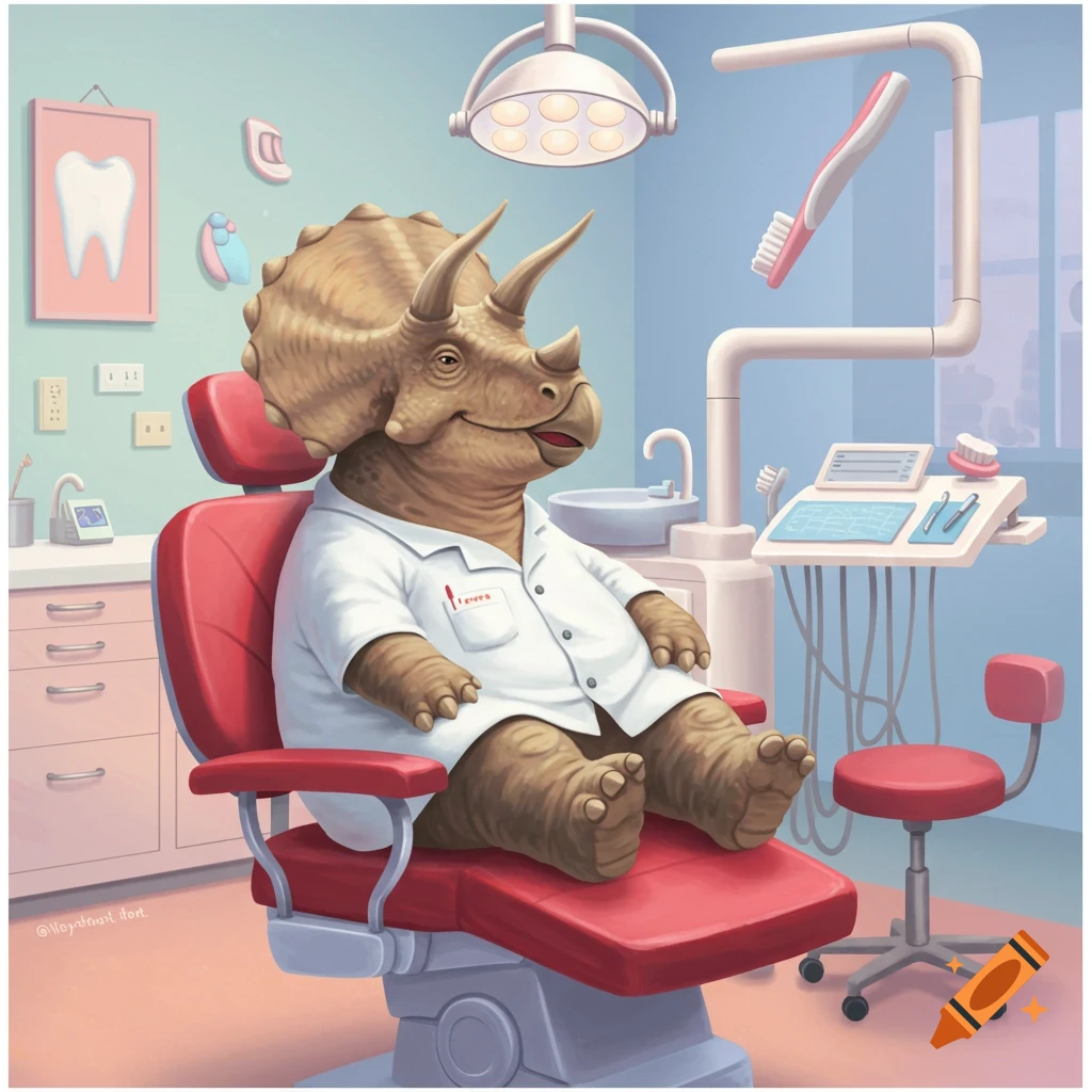 Illustration of a smiling triceratops dinosaur wearing a lab coat sitting in a dentist chair in a dental office.