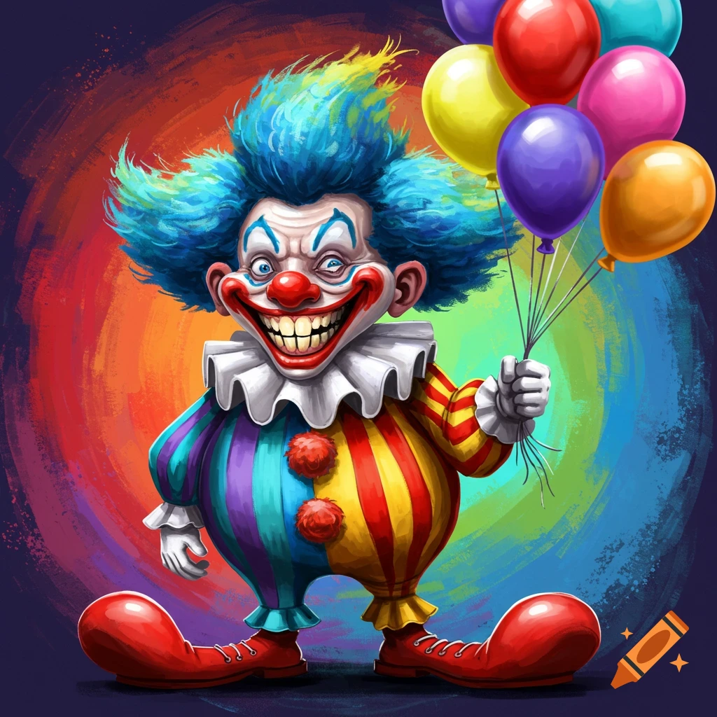A cartoonish clown with blue hair and a colorful striped suit holds a bunch of balloons.