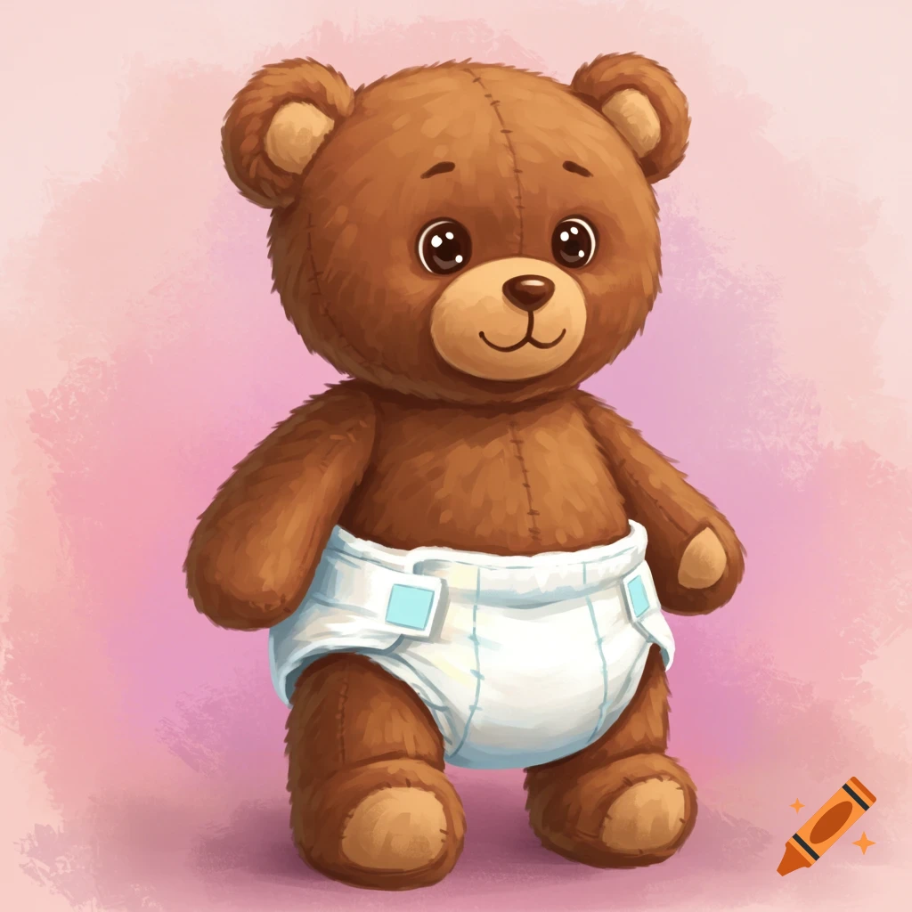 A cute illustrated brown teddy bear wearing a white diaper.