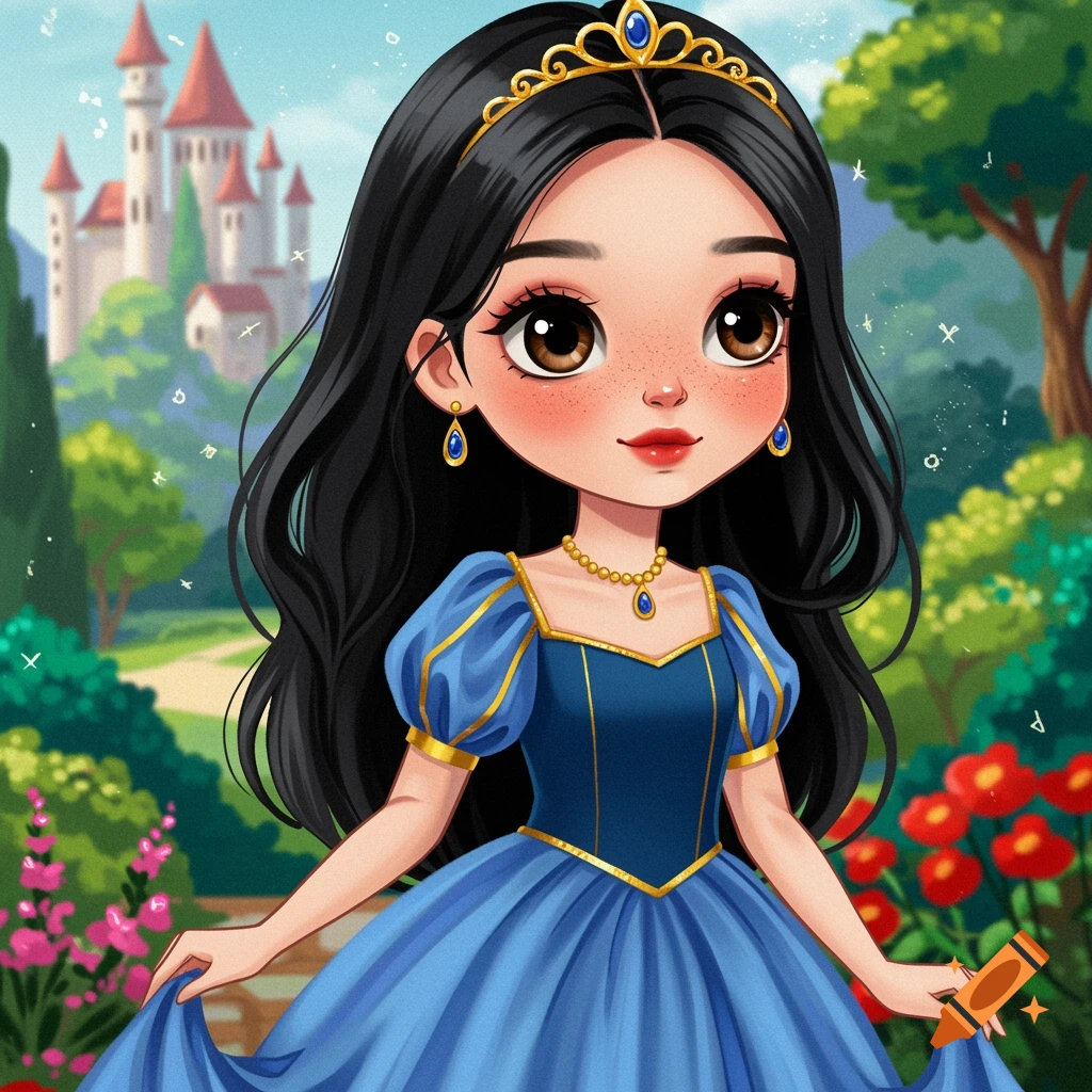 Cartoon princess with black hair and brown eyes in a garden with a castle.