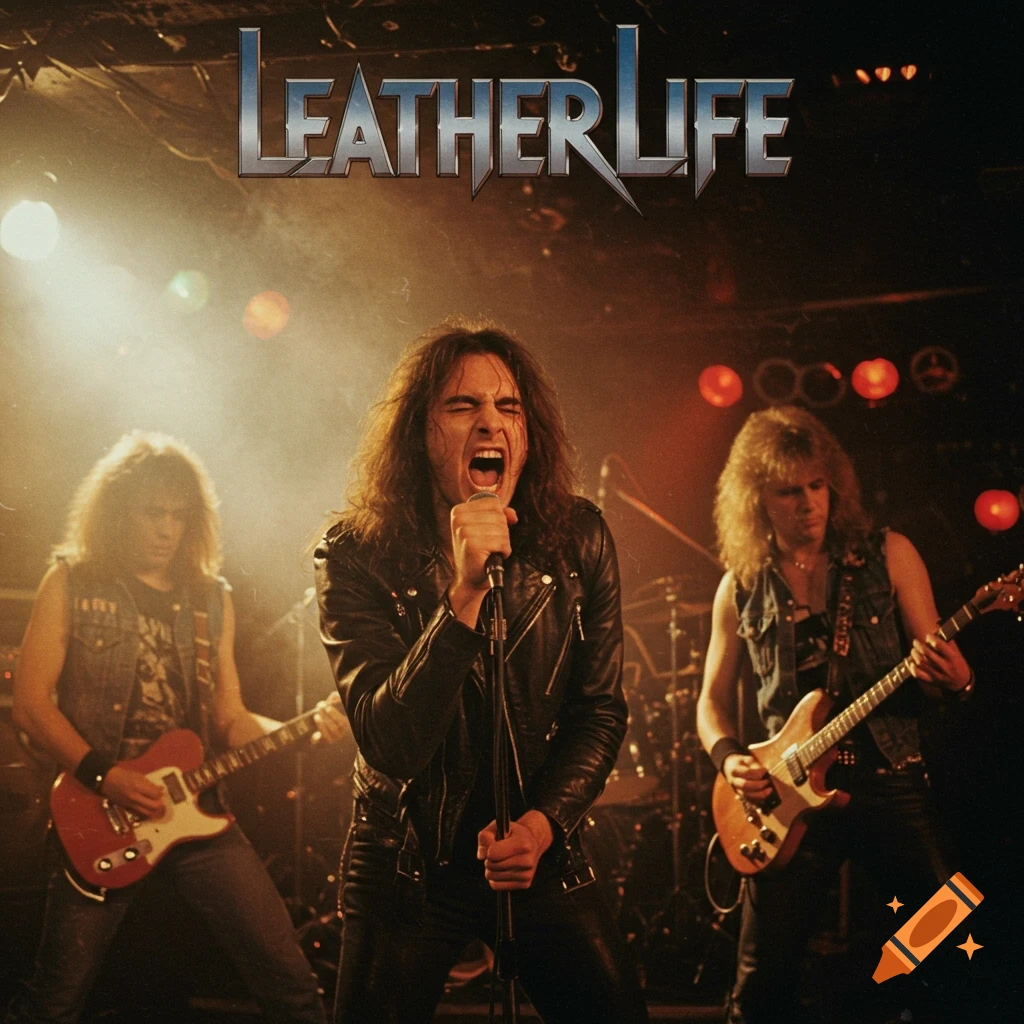 A heavy metal band performs on stage. The vocalist is in the center, flanked by guitarists. The band name 'LEATHERLIFE' is at the top.