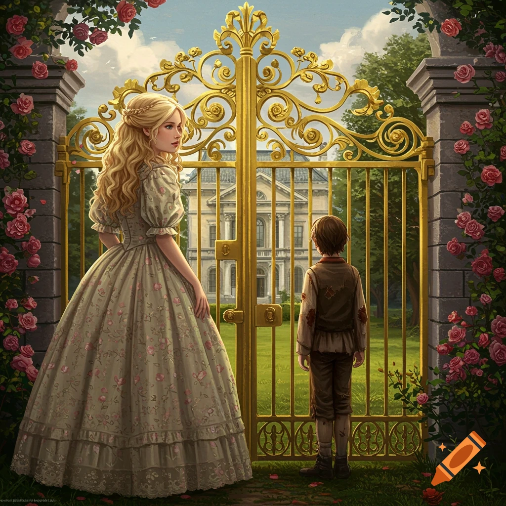 Girl in old dress and boy by a golden gate in front of a mansion, surrounded by rose bushes. Illustration.