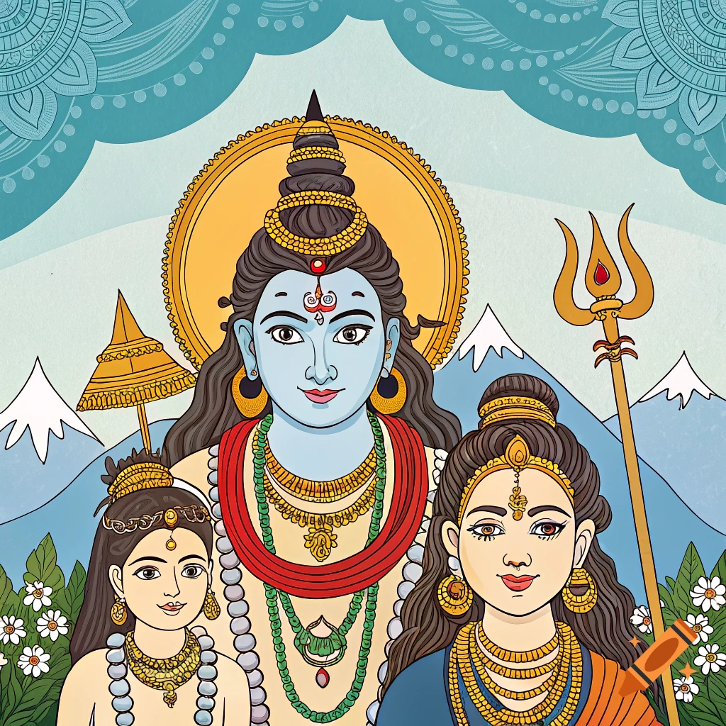Stylized mural drawing of Hindu deities Shiva, Parvati, and Ganesha standing in front of mountains and clouds.