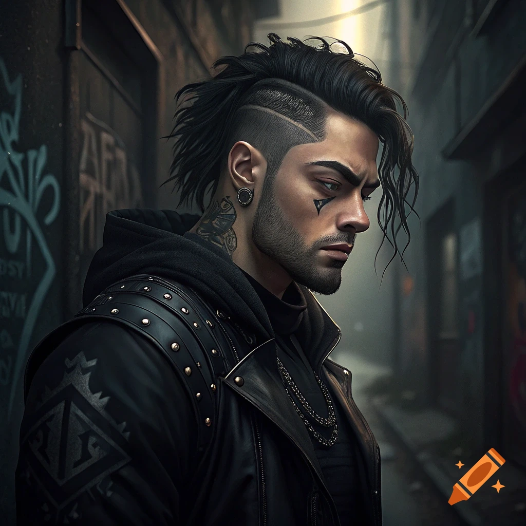 Detailed portrait of a man with a mohawk, tattoos, and piercings, wearing a black studded leather jacket, standing in a dark, graffiti-covered alley.