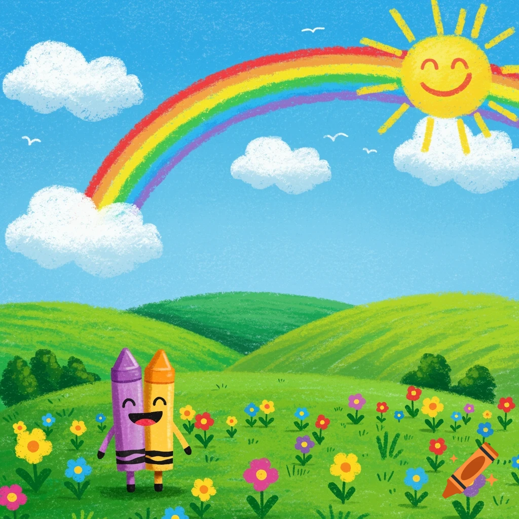 A crayon art illustration of two happy cartoon crayons standing in a flower field under a rainbow and sun.