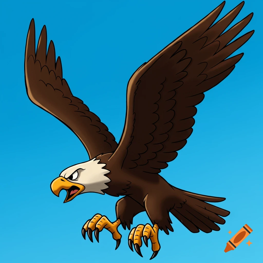 A cartoon eagle with wings spread, swooping against a blue sky.