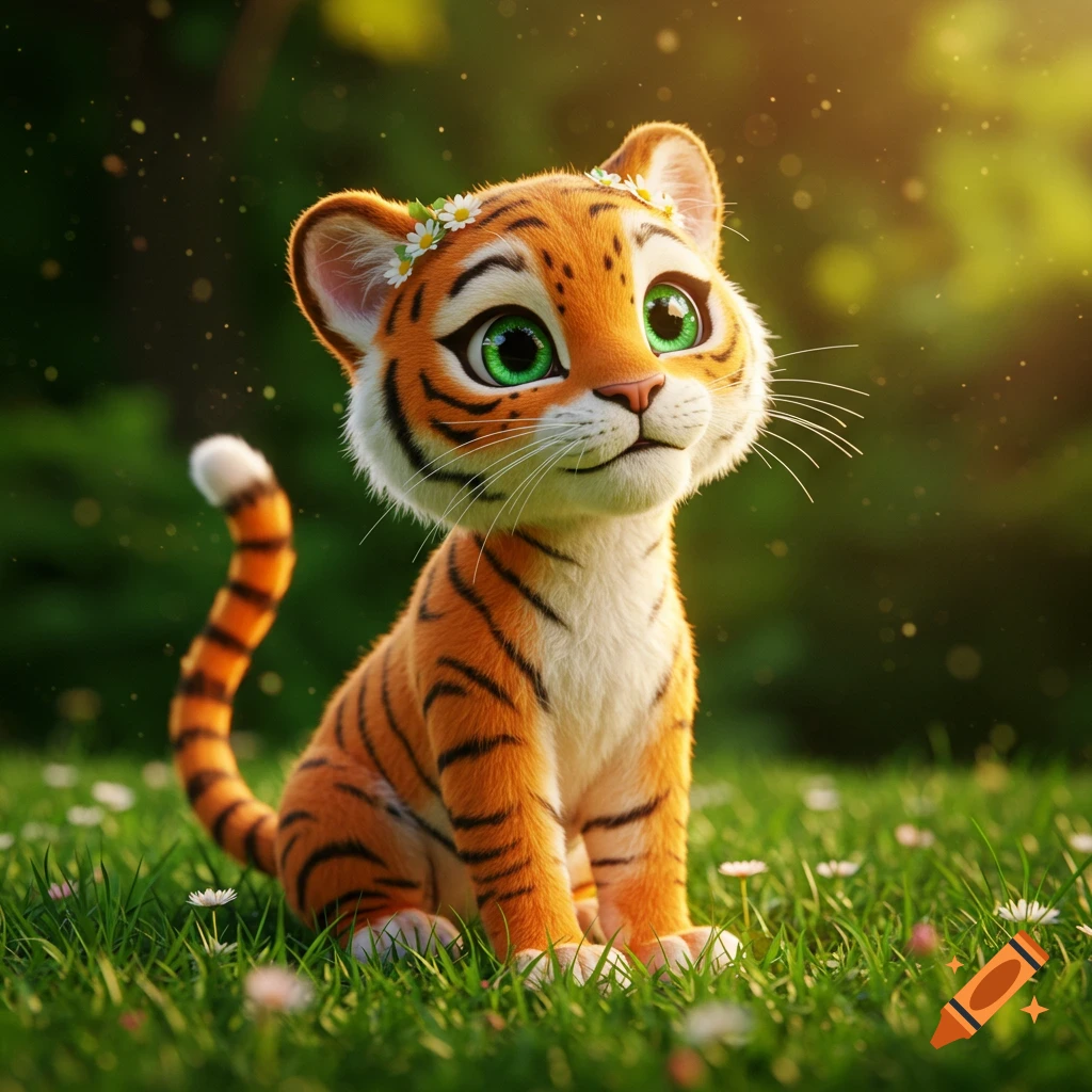 A cute cartoon tiger cub sits in grassy field wearing a daisy crown.