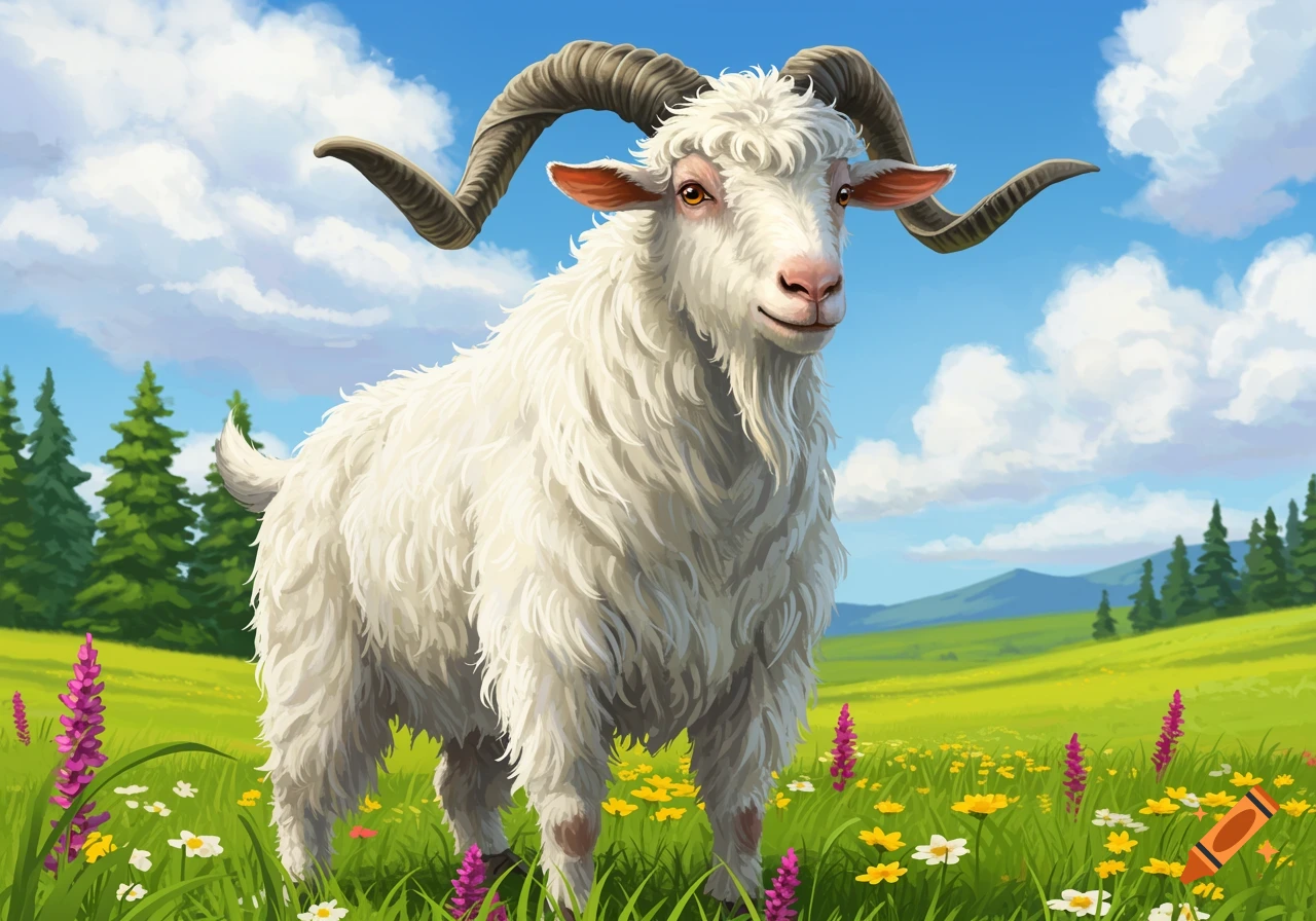 An illustration of a white goat standing in a flowery field.