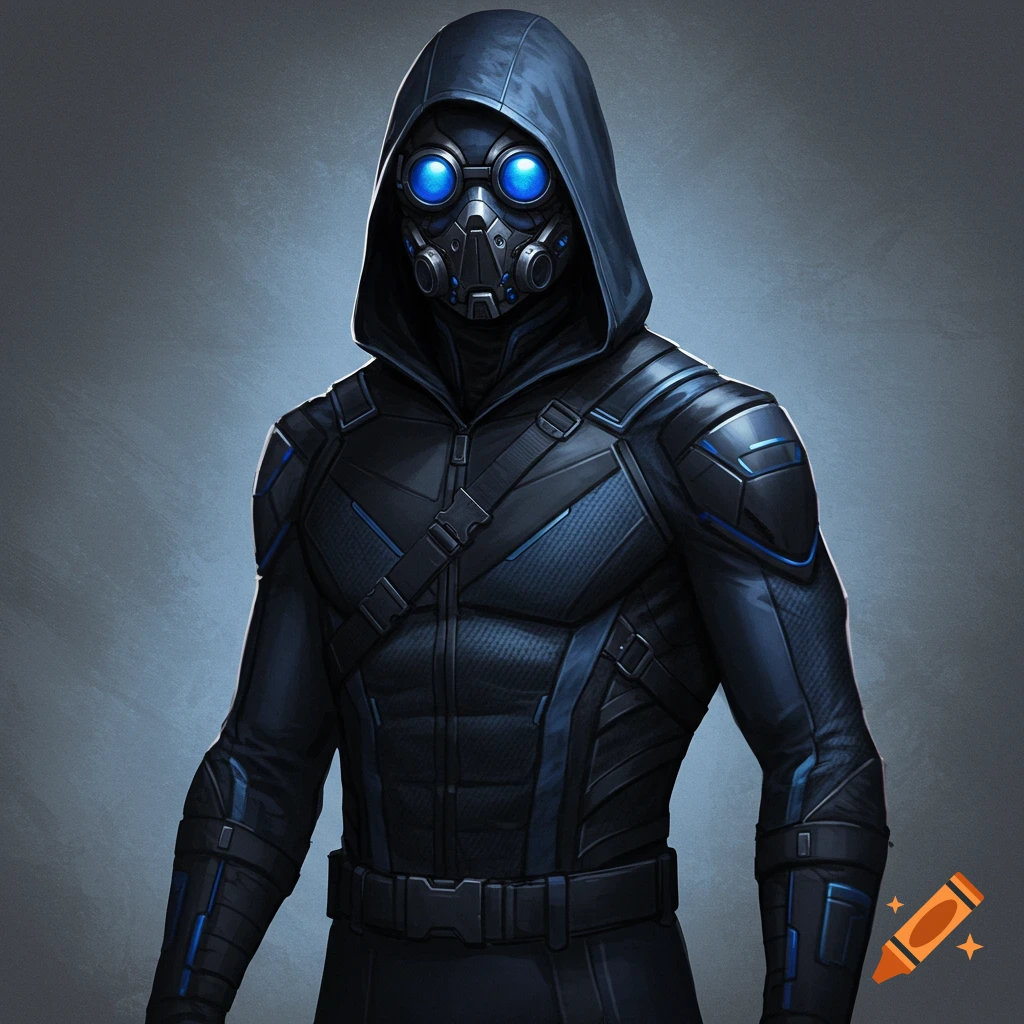 A figure in a hooded black and blue sci-fi suit with glowing blue goggles on a mask.