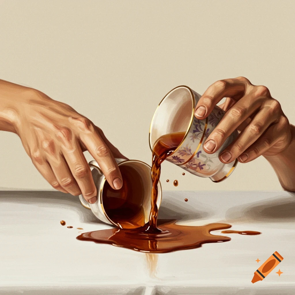 Two hands spill tea while pouring from one patterned cup into another, creating a puddle on a table.