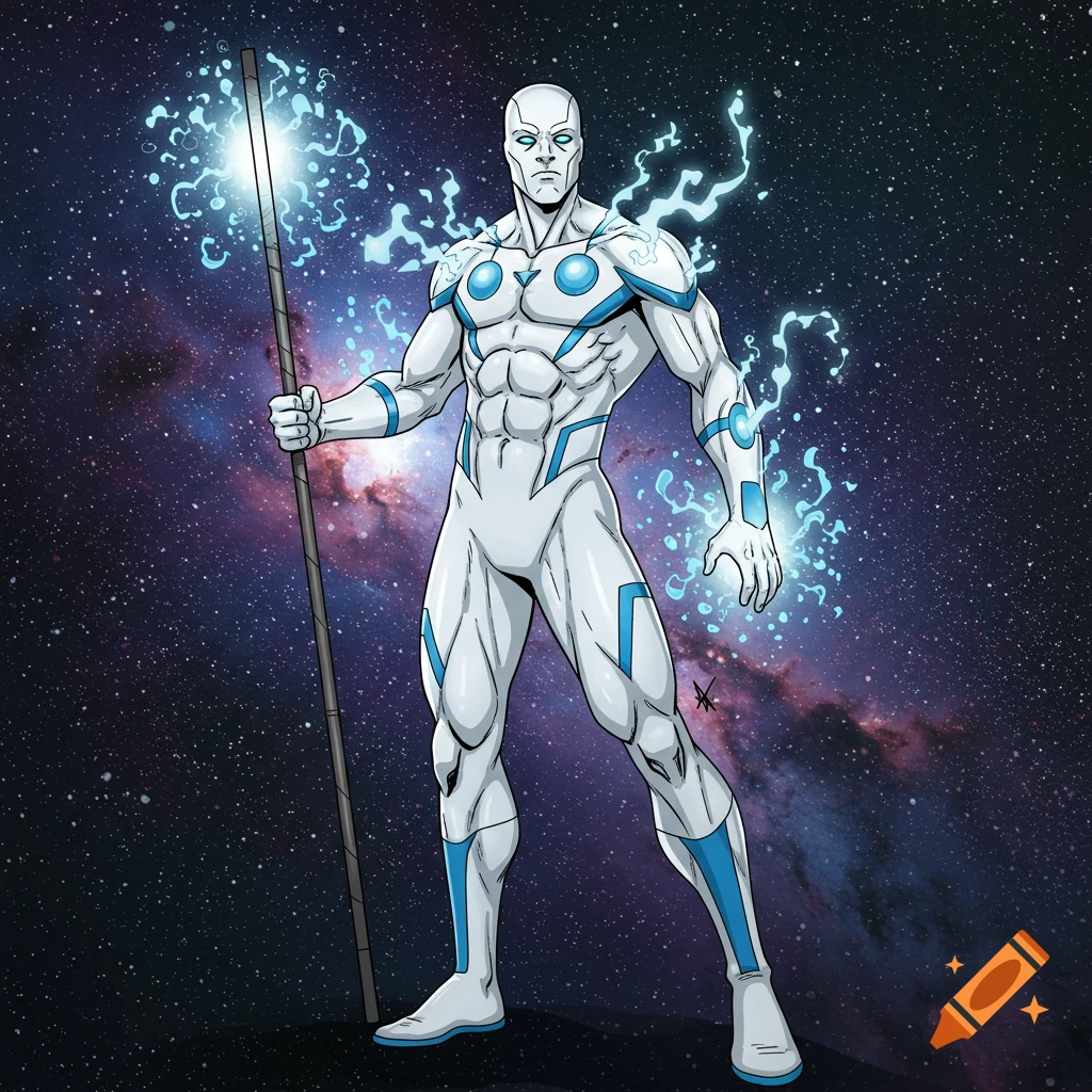 Comic art illustration of a white-suited superhero with blue accents, holding a staff and surrounded by cosmic energy in space.
