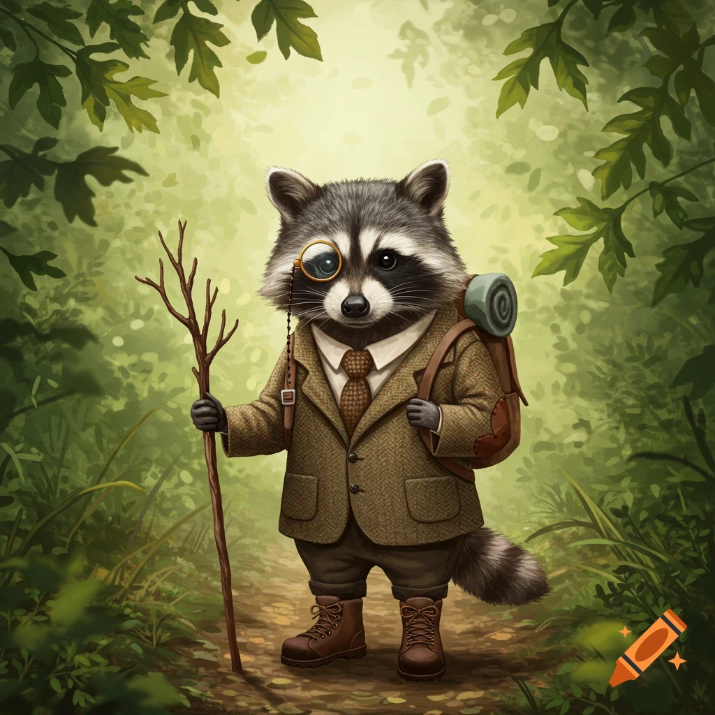 A distinguished raccoon in a suit and monocle hiking in a forest with a backpack and walking stick.