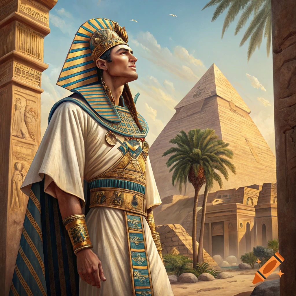 Man in pharaoh attire stands near a pyramid in ancient Egypt.
