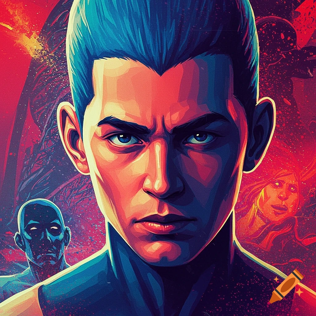 Comic book style portrait of a man with blue hair against a vibrant red background with subtle background figures.