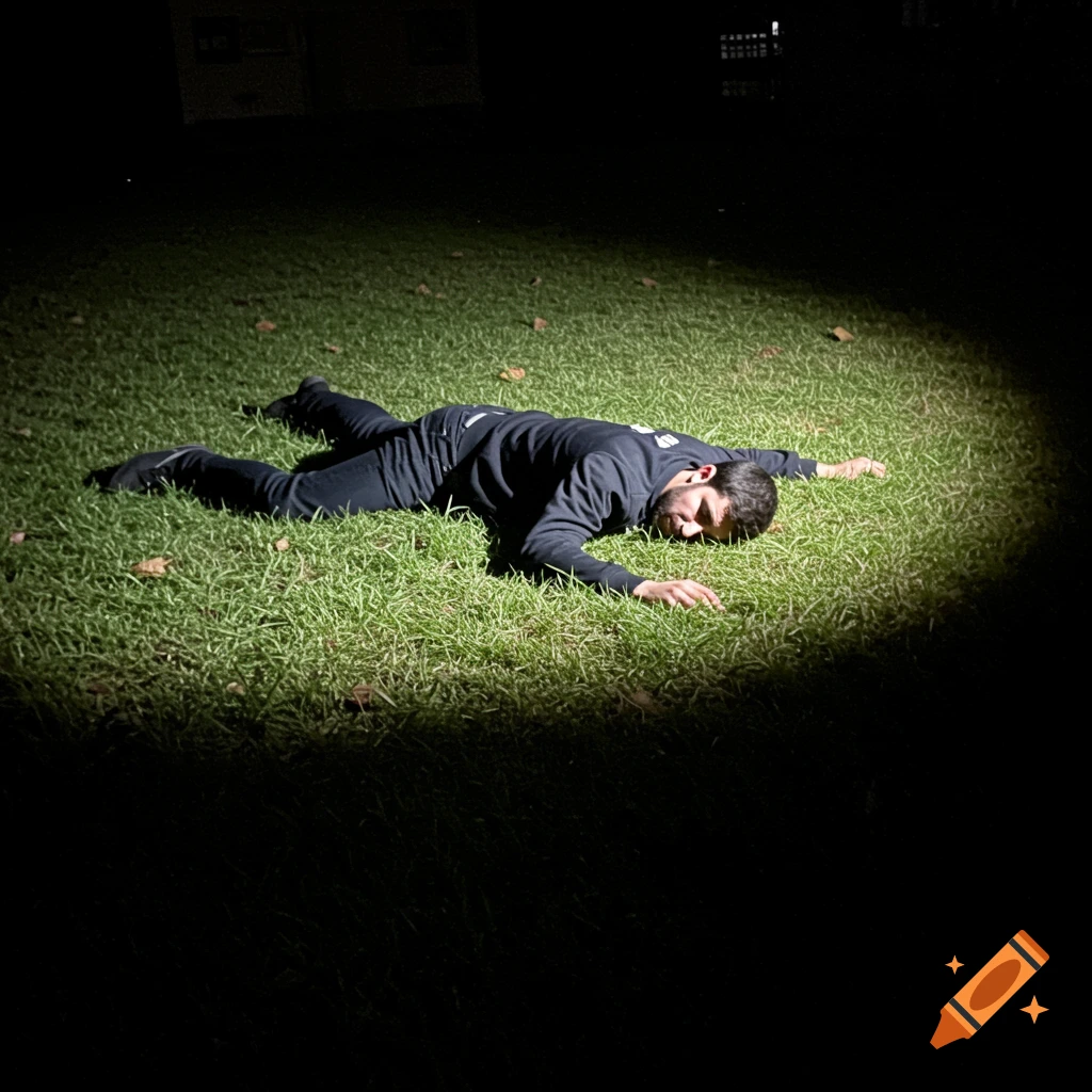 Man lying face down on grass at night, lit by a spotlight.