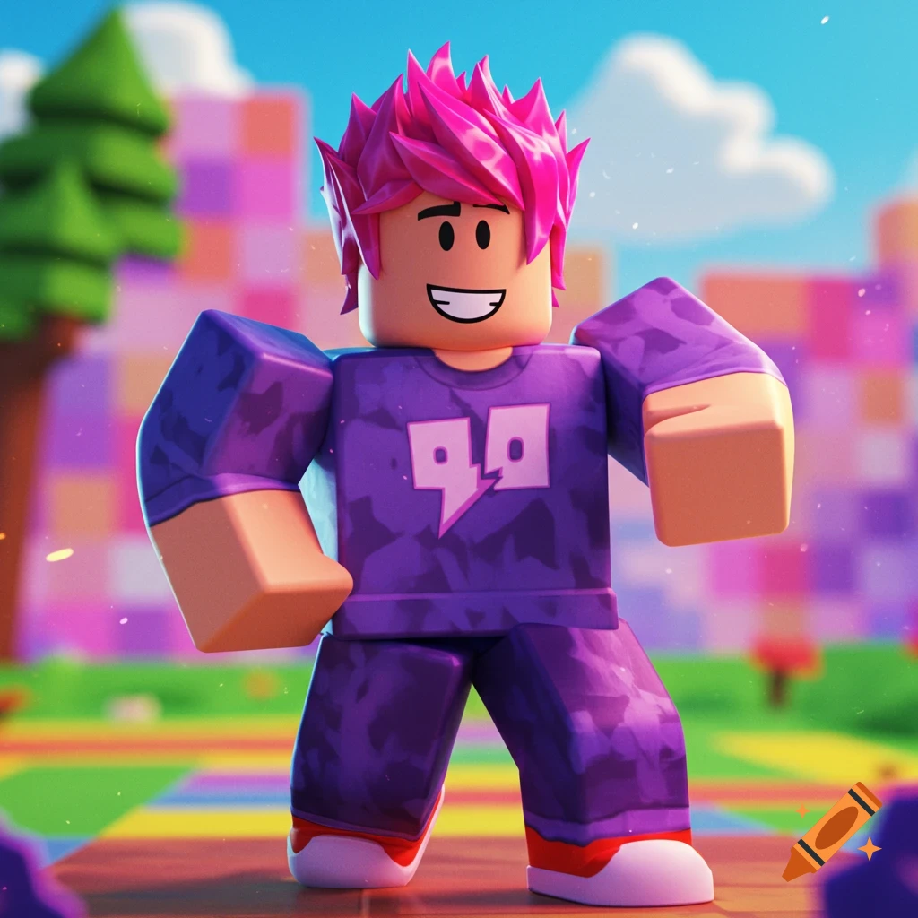 A 3D rendered Roblox character with pink hair and purple camouflage clothing stands in a colorful blocky world.