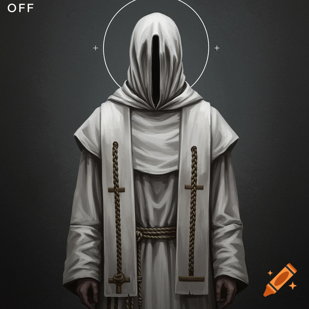 Mysterious robed figure with a glowing face and halo against a dark background. Text OFF is in the top left.