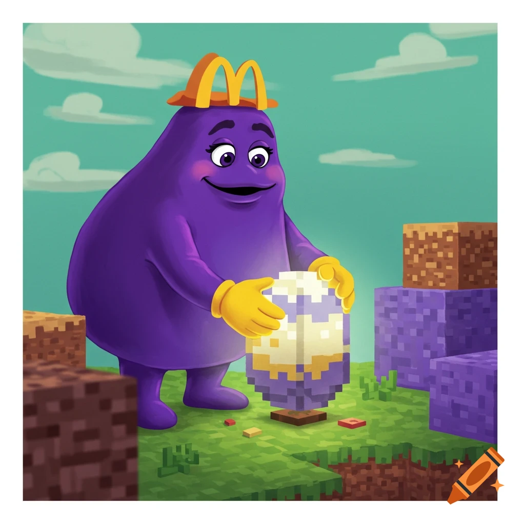 Grimace from McDonald's holds a large pixelated egg in a Minecraft-style world.