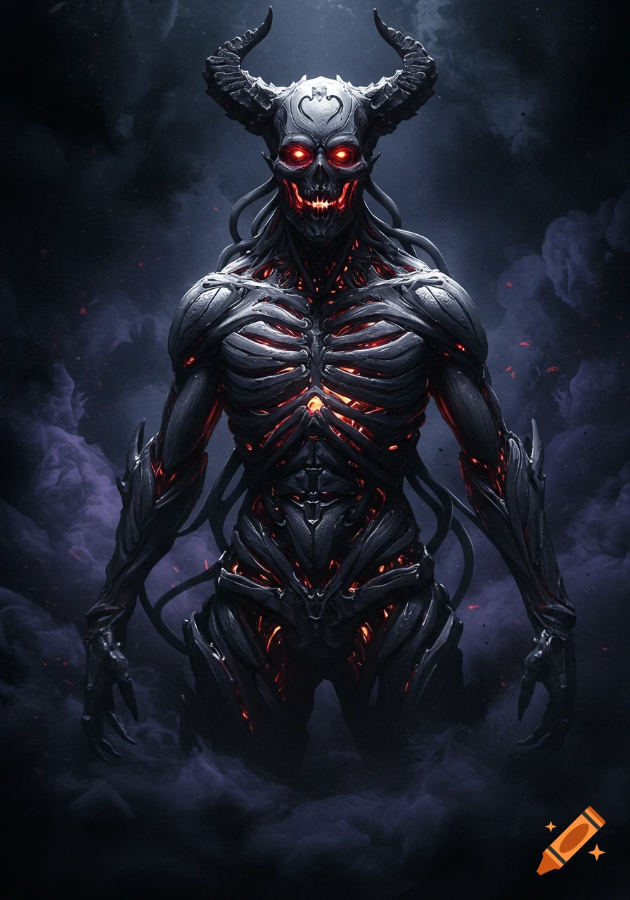 A dark fantasy depiction of a horned demon made of living metal with glowing red eyes and chest, standing in smoke.