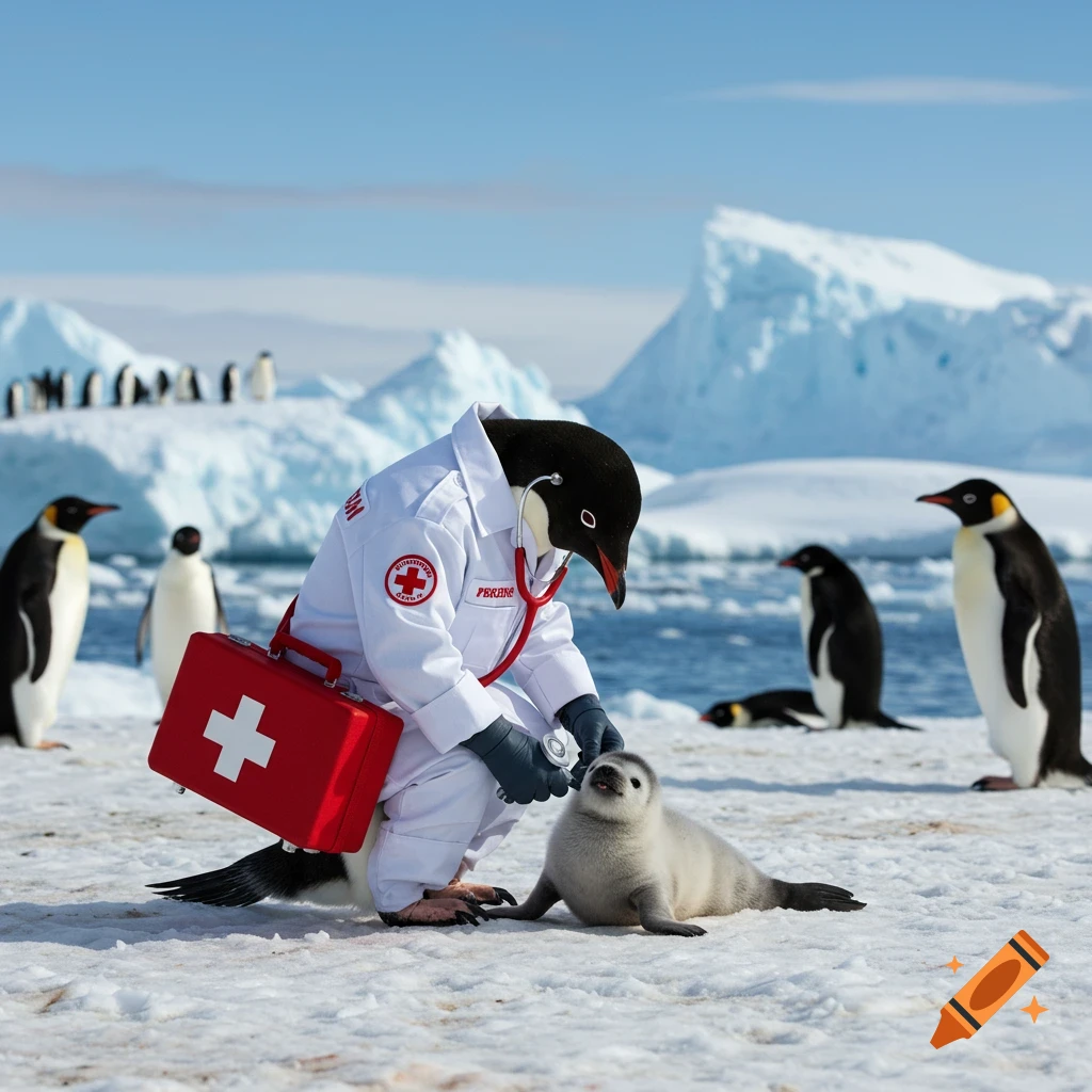 A penguin in a white doctor's coat with a stethoscope checks on a baby seal on the ice in Antarctica, holding a red medical bag.