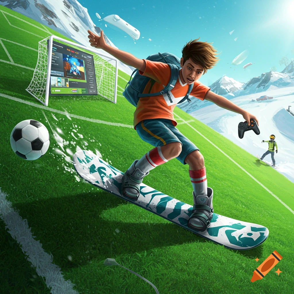 Illustration of a person snowboarding on a soccer field while playing video games