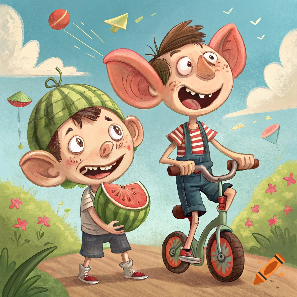 A whimsical cartoon illustration of two boys with large ears. One holds a slice of watermelon, the other rides a small bicycle.