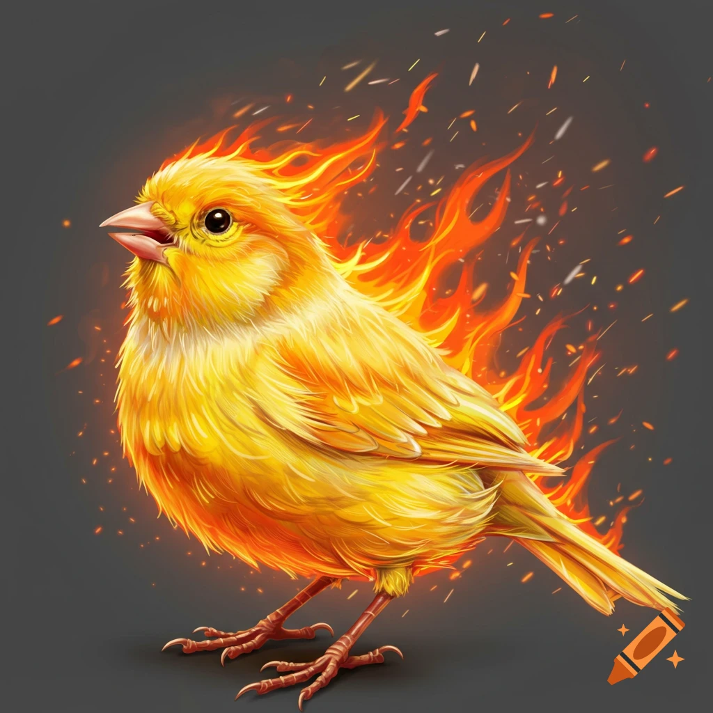 Stylized illustration of a yellow canary bird engulfed in flames against a dark background.