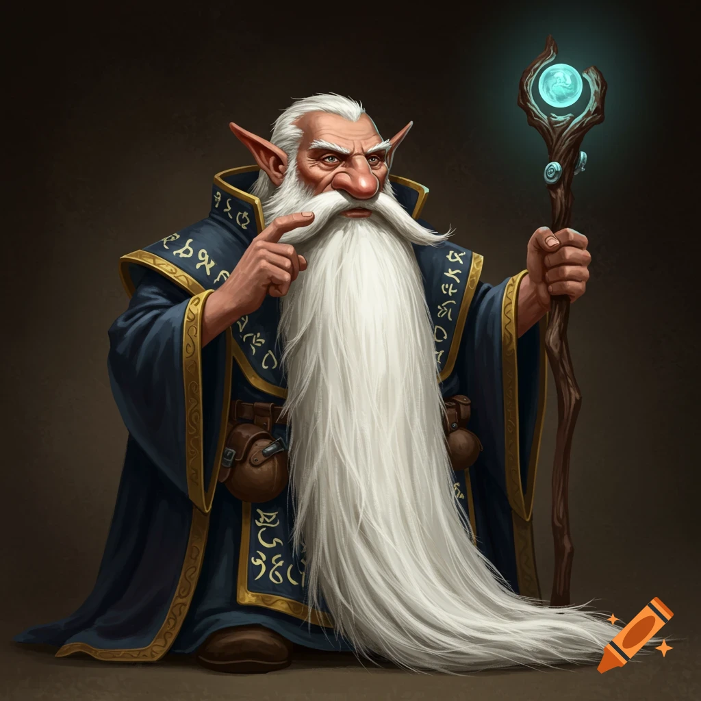An illustration of an old fantasy wizard with a long white beard, blue robe, and pointed ears, holding a glowing staff and pointing.
