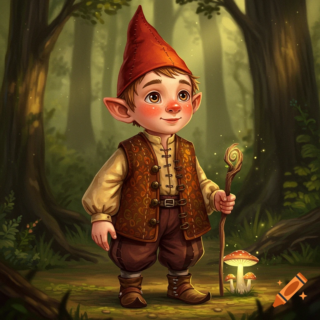Illustration of a cute young gnome in a forest holding a glowing staff