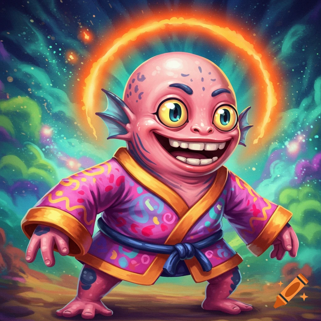 Cartoon creature with big eyes and fins wears a pink robe against a starry background with an orange halo.