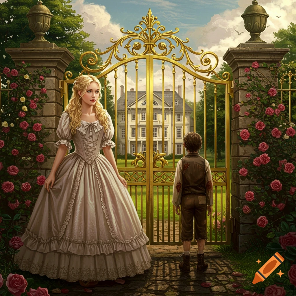 A girl in a dress and a boy stand by a golden gate in front of a mansion, surrounded by rose bushes.