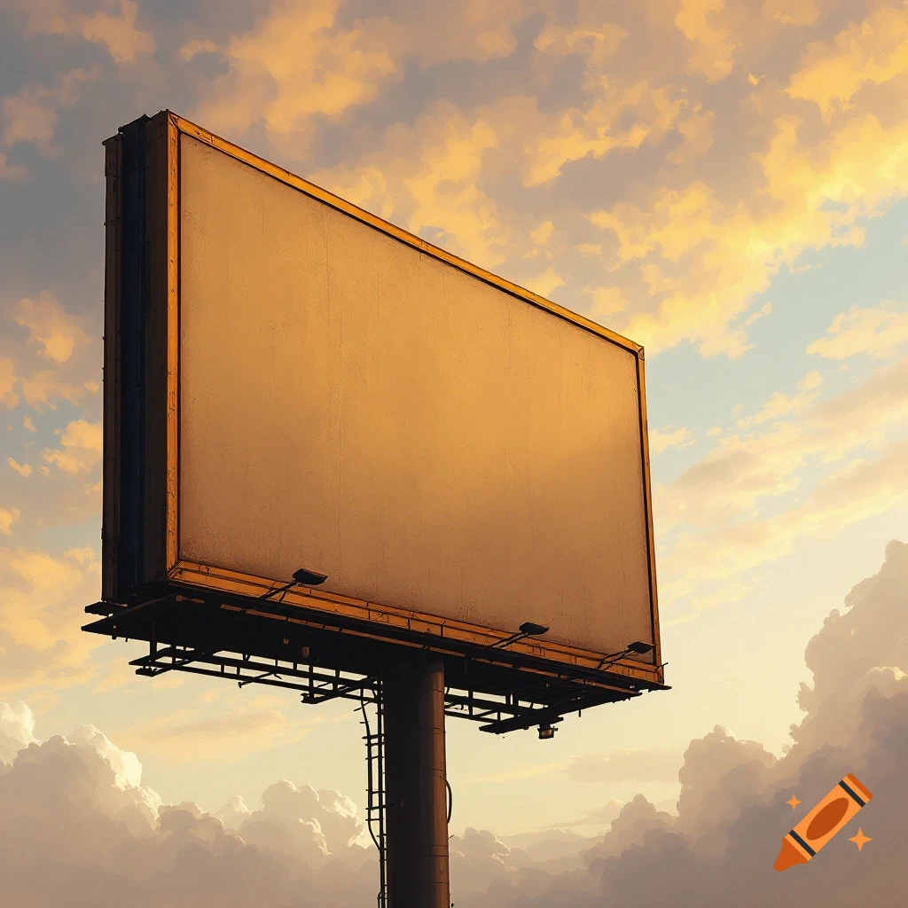 An empty billboard against a dramatic sunset sky.