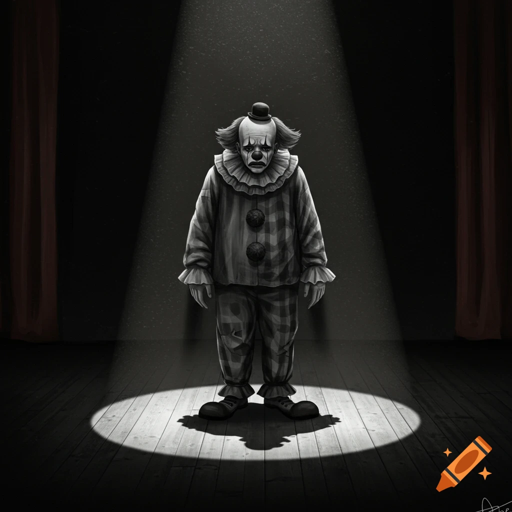 Illustration of a sad clown standing in a spotlight on a dark stage.