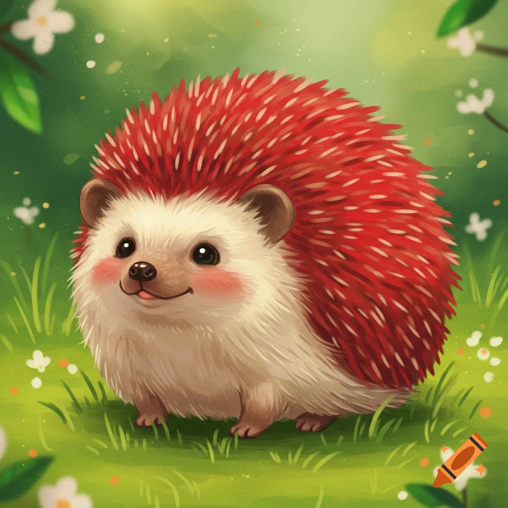 Cute hedgehog with red spines in a grassy field illustration