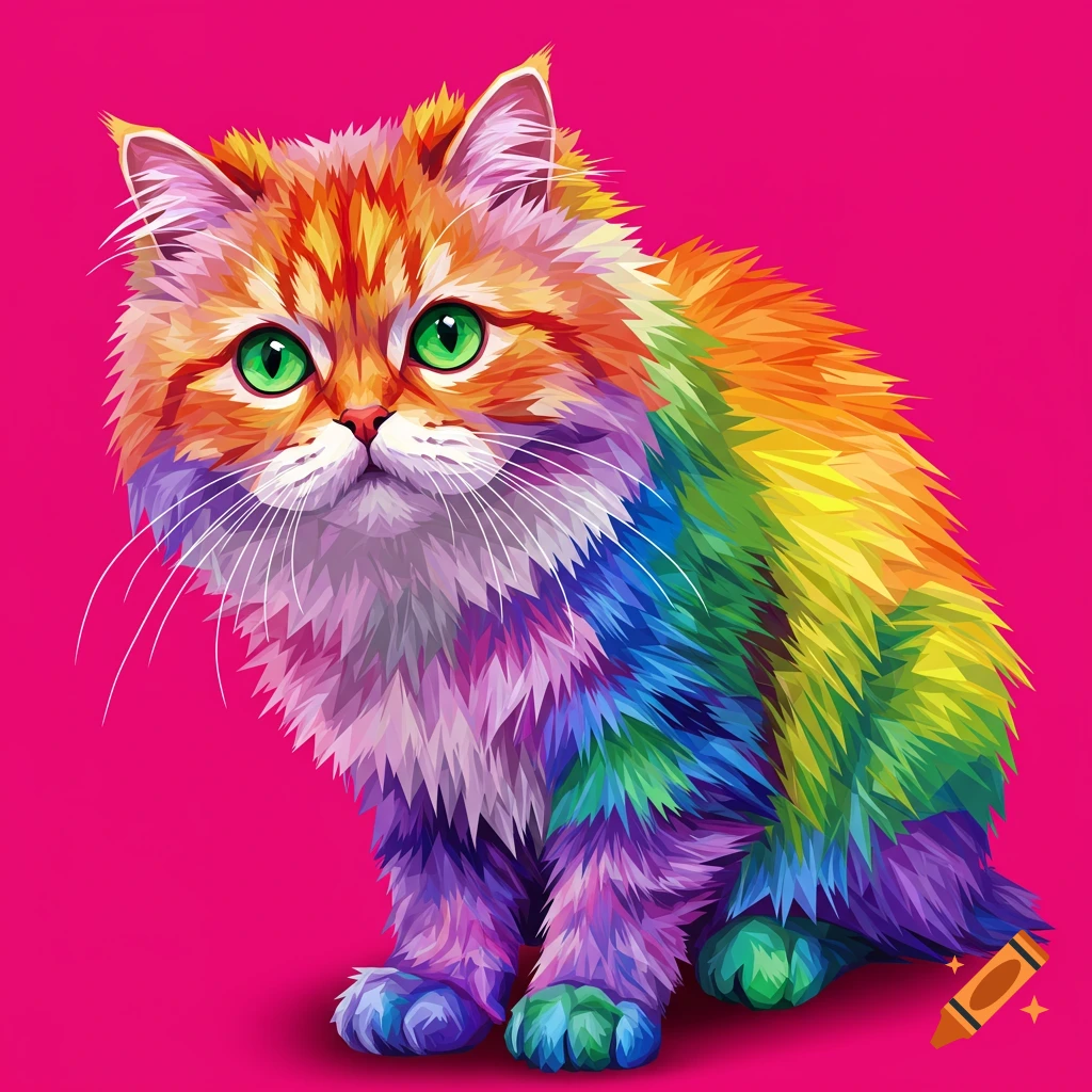 A geometric style illustration of a fluffy rainbow cat with green eyes sitting on a pink background.