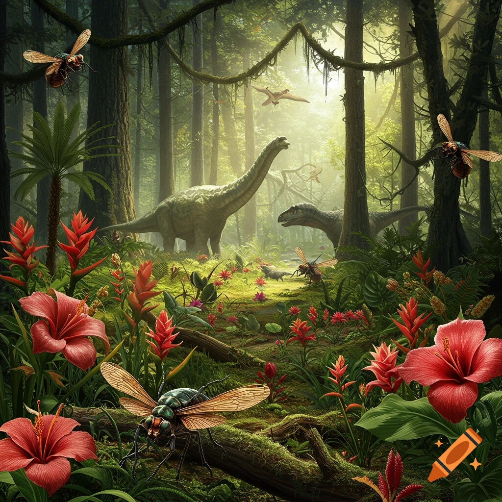 A lush, sunlit prehistoric jungle scene featuring dinosaurs, large insects, and vibrant tropical flowers.