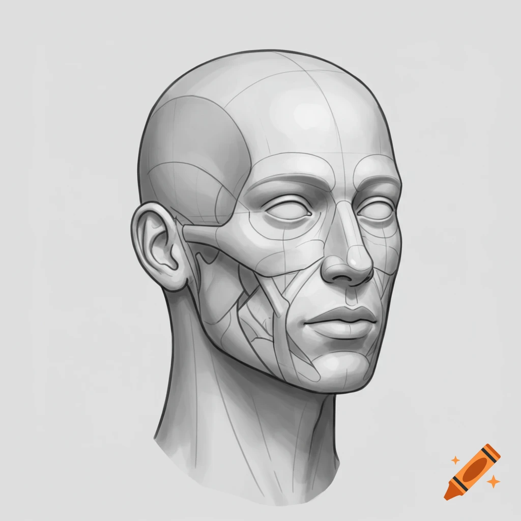 Diagram of a human head showing anatomical structure for artistic drawing.