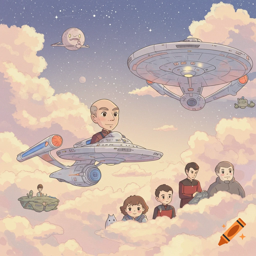 Cartoon Star Trek characters and starships fly through clouds in space, Ghibli style. Characters include Picard, Riker, Worf, Geordi, Data, a child, and a cat.