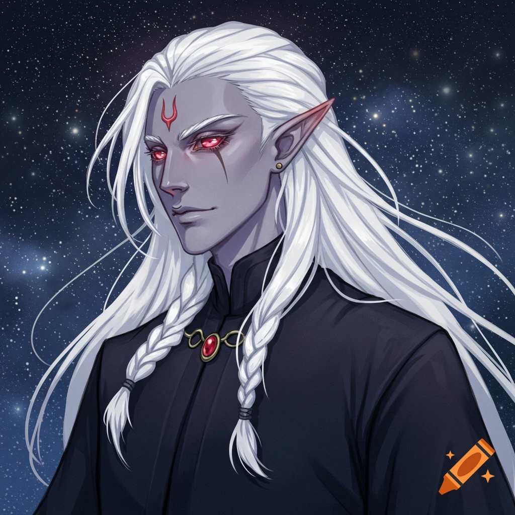 Illustration of a drow man with white hair and red eyes against a starry sky.