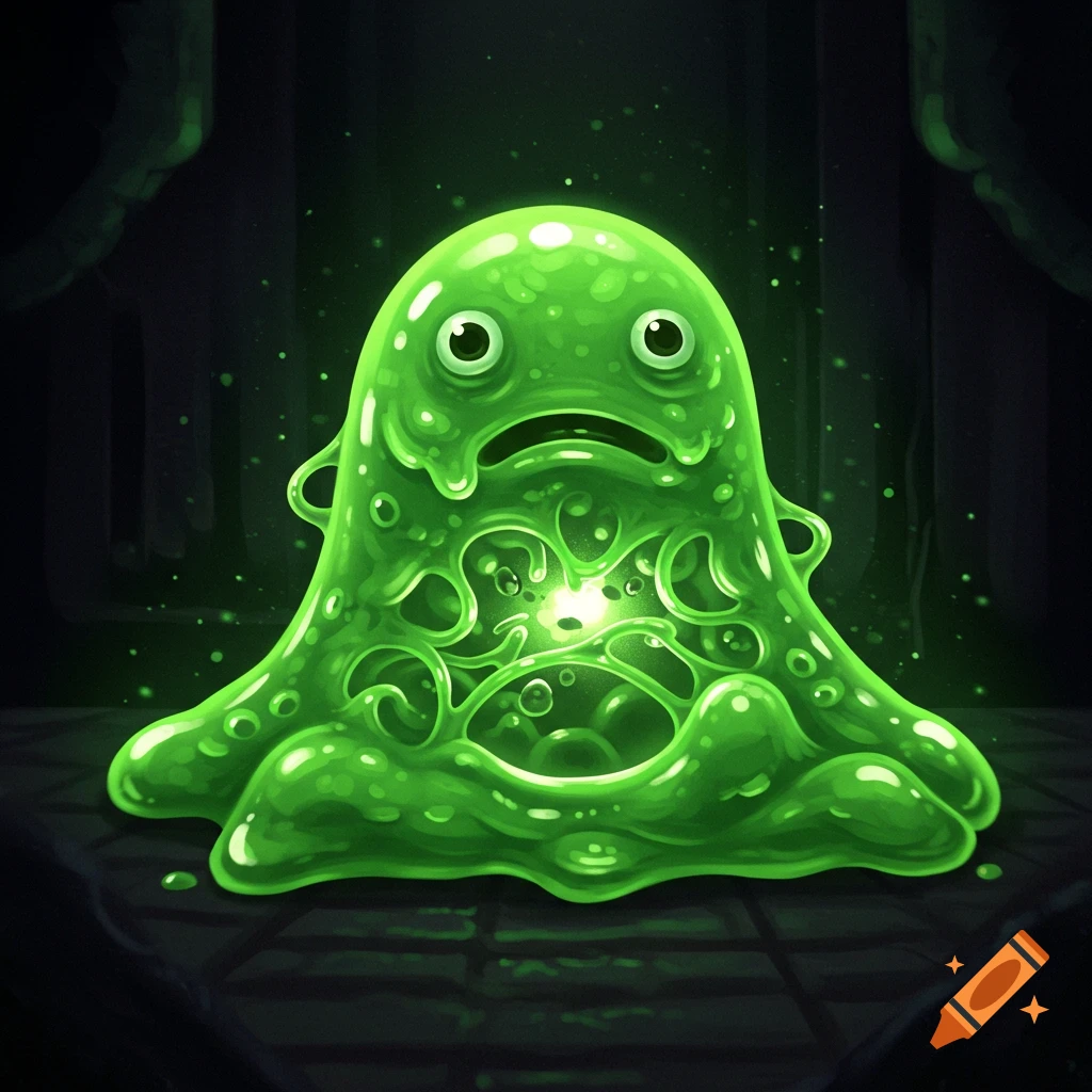 A bright green, cartoony slime monster with wide eyes sits on a dark stone floor.