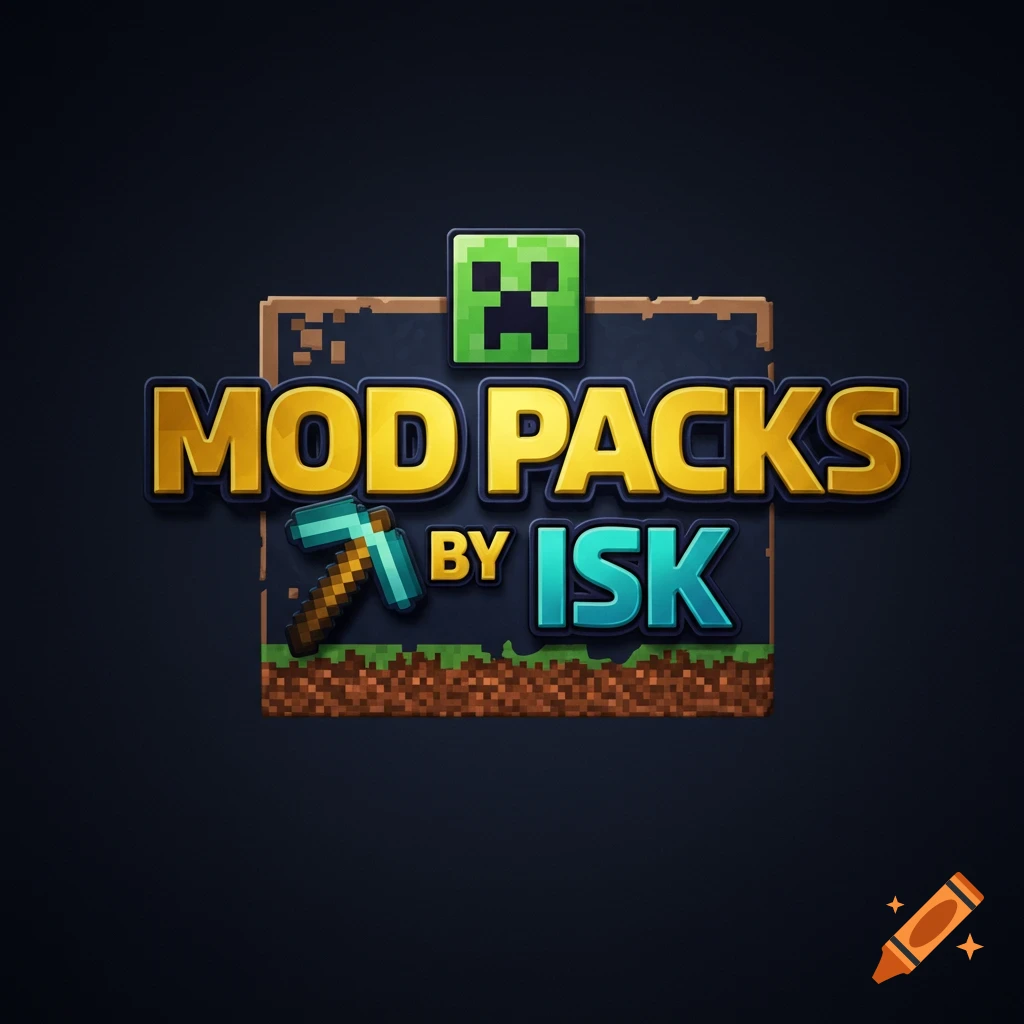 A Minecraft-style logo with text 'MOD PACKS by ISK', a pickaxe, and a Creeper face.